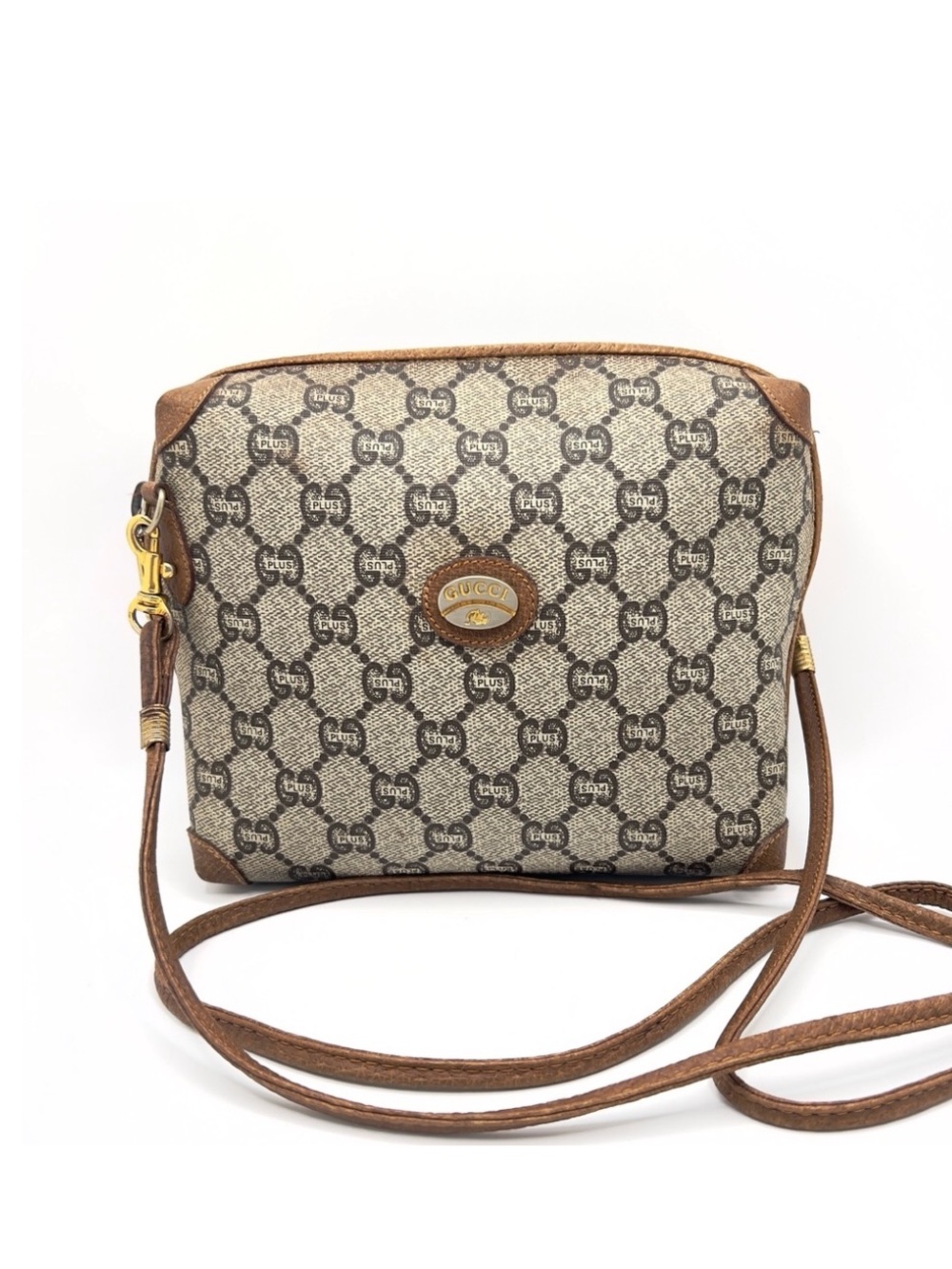 Authentic GUCCI Plus GG Monogram Vintage Leather Coated Canvas Crossbody Bag